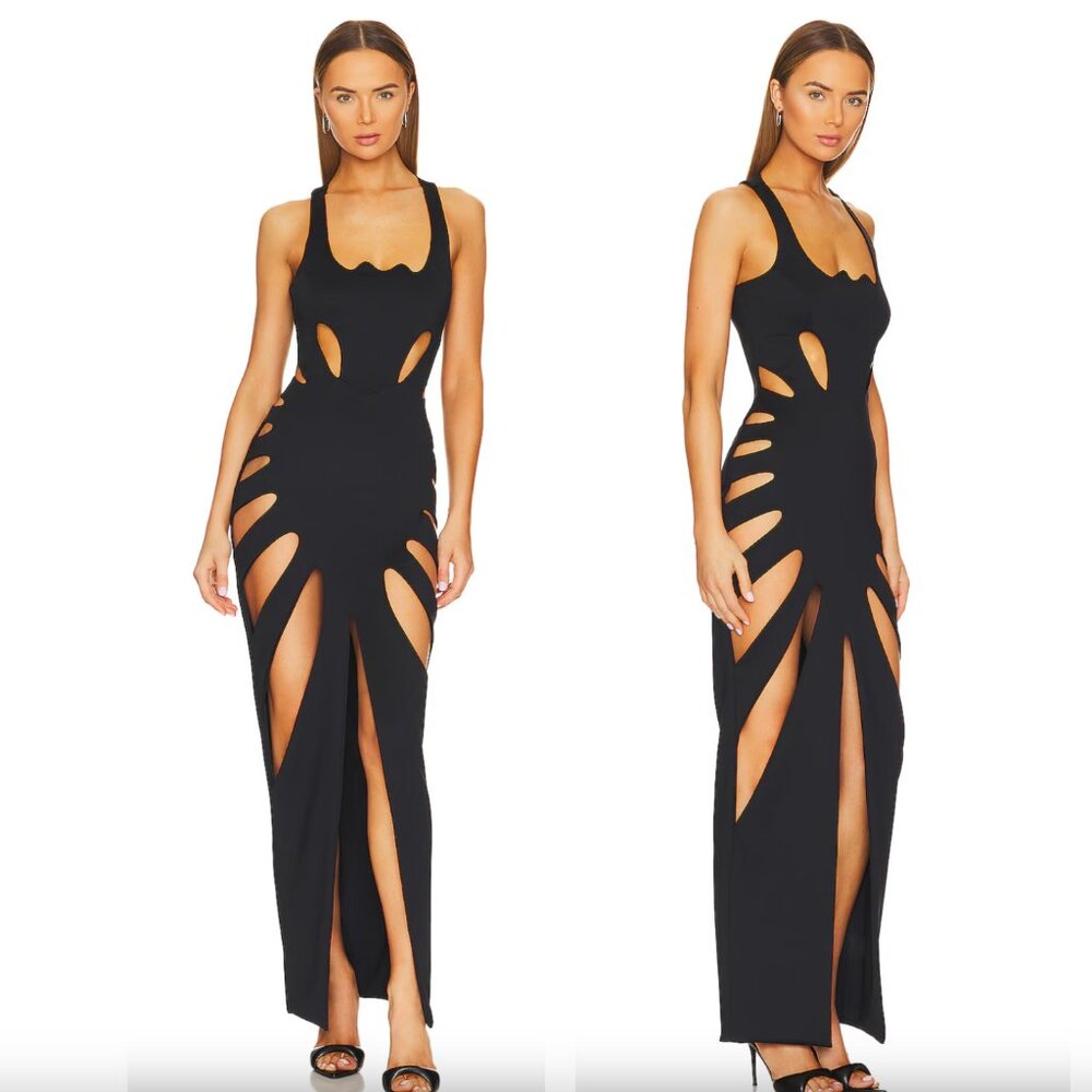 NEW Mother of All Eda Maxi Dress in Black Sexy Bodycon Cutout Midi Gown Large L